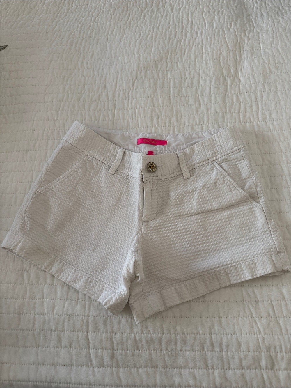 Lilly Pulitzer White Textured Seersucker Shorts with Pink Waist Tag